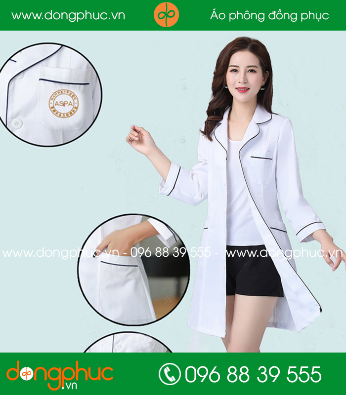 Áo blouse đồng phục y tá - Bác sĩ màu trắng viền tím than